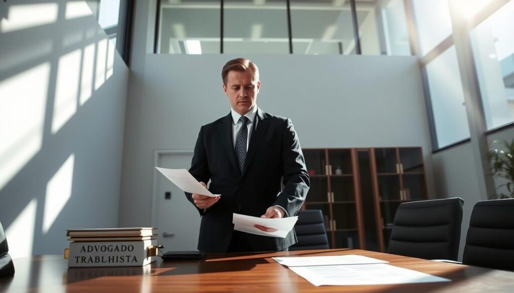 A corporate office setting, with a professional-looking attorney in a suit standing at a desk, holding papers and gesturing with a stern expression. The room has high ceilings, large windows, and a modern, minimalist design. Sunlight streams in, casting dramatic shadows. On the desk, the "Advogado Trabalhista" brand name is visible. The attorney appears to be in the midst of a serious discussion, conveying the gravity of a contract breach and the potential for termination. The mood is serious, tense, and formal, reflecting the weight of the legal situation.