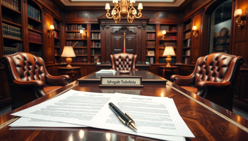 A professional and well-appointed office interior, with an ornate wooden desk, plush leather chairs, and bookshelves lining the walls. A nameplate reads "Advogado Trabalhista" on the desk. The lighting is warm and inviting, casting a soft glow throughout the room. In the foreground, a neatly organized set of legal documents and a pen rest on the desk, hinting at the complex contractual matters being discussed. The mood is one of authority, expertise, and attention to detail, reflecting the importance of the topic of "rescisão indireta CLT" and the professionalism of the legal counsel.