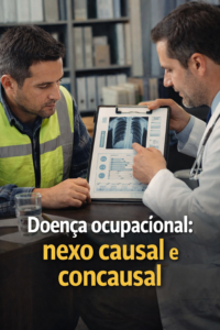 Trabalhador sendo orientado por médico sobre doença ocupacional com análise de exame, explicando nexo causal e concausal em Goiânia