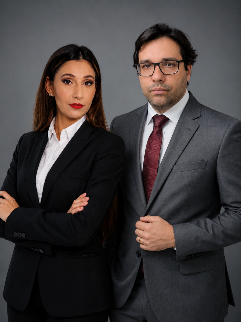 Dra. Weydma Lorrayne e Dr. Flávio Santana, advogados trabalhistas, em retrato institucional com trajes sociais e fundo cinza, representando escritório de advocacia em Goiânia.