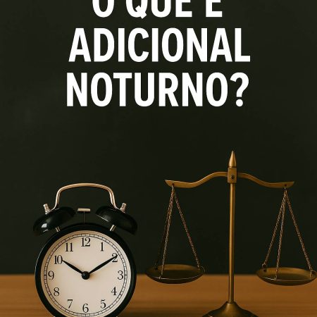 Relógio marcando 22 horas ao lado de balança da justiça sobre mesa de madeira, com fundo escuro, simbolizando o início da jornada noturna e os direitos trabalhistas