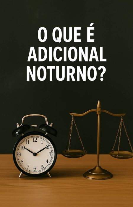 Relógio marcando 22 horas ao lado de balança da justiça sobre mesa de madeira, com fundo escuro, simbolizando o início da jornada noturna e os direitos trabalhistas
