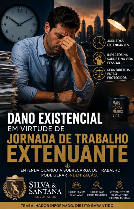 Trabalhador exausto em razão de jornada de trabalho excessiva ilustrando artigo sobre dano existencial e direitos trabalhistas em Goiânia.