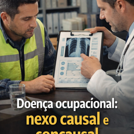 Trabalhador sendo orientado por médico sobre doença ocupacional com análise de exame, explicando nexo causal e concausal em Goiânia
