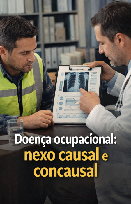 Trabalhador sendo orientado por médico sobre doença ocupacional com análise de exame, explicando nexo causal e concausal em Goiânia
