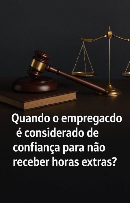 Martelo do juiz e balança da justiça com o título “Quando o empregado é considerado de confiança para não receber horas extras?” representando análise da CLT sobre cargos de confiança.