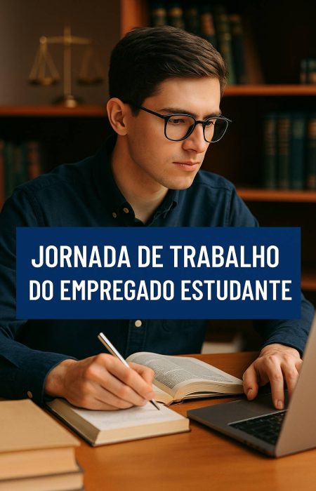 Empregado estudante concentrado, escrevendo em caderno aberto ao lado de notebook e livros, com fundo de estante jurídica e título 'Jornada de Trabalho do Empregado Estudante'
