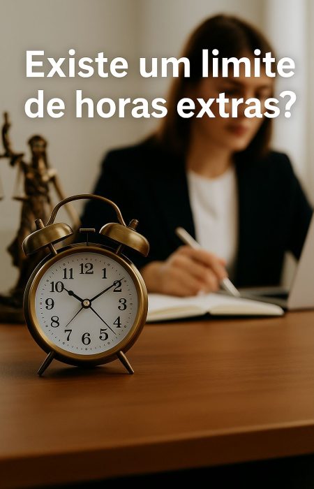 Relógio analógico em destaque sobre mesa de madeira, com mulher escrevendo ao fundo e estátua da Justiça ao lado, ilustrando o tema jurídico “Existe um limite de horas extras?”