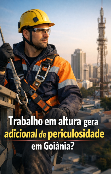 Trabalhador em altura com equipamentos de segurança em Goiânia analisando direito ao adicional de periculosidade